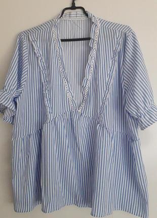 Shein
42/xl,/50
изысканная женская летняя блуза туника с глубоким декольте украшена кружевом в голубого белоснежной полоска
идеальное состояние (новое)