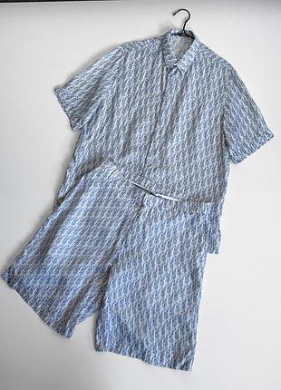Літній костюм dior oblique silk shirt &amp; shorts set blue white men's made in italy