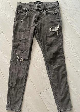 Сірі чоловічі рвані джинси скіні hollister super skinny (w32/l30) — оригінал