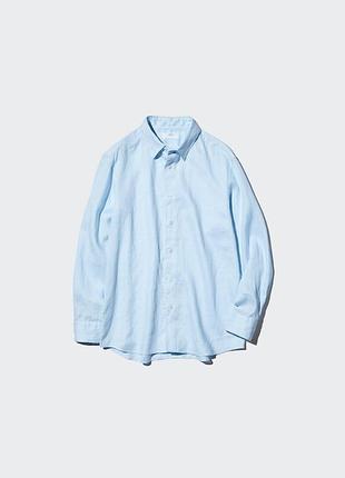 Голубая мужская льняная рубашка от uniqlo