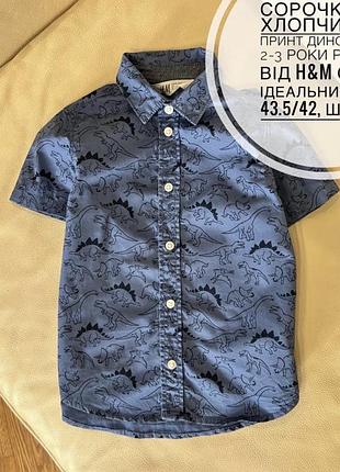 Сорочка на хлопчика в принт динозаври 2-3 роки ріст 98 від h&m стан ідеальний дов 43.5/42, шир 32