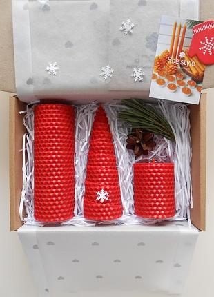 🎀🎄подарочный новогодний набор 3️ свечей из пчелиной вощины, красные свечи