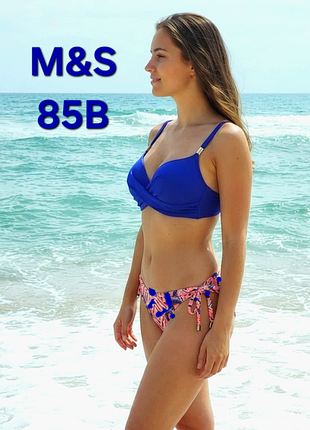 85в, 85b, 38b, купальник, синий лиф m&amp;s, чашки на косточках и на поролоне, плавки censored на завязках, оранжевый с синим орнамент, комплект