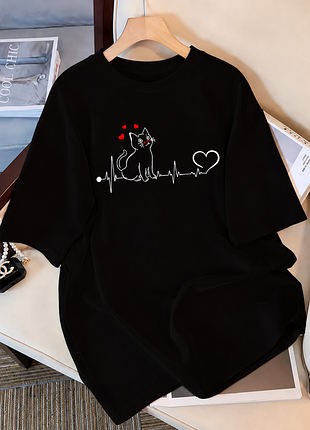 Жіноча футболка оверсайз синя з принтом heartbeat cat