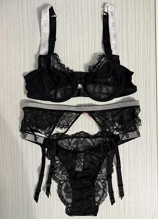Комплект білизни мереживний чорний victoria’s secret бюстгальтер 36c (80с), пояс для панчіх m/l, трусики l. very sexy. вікторія сікрет