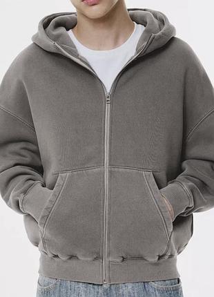 Зіп худі pull&bear сіре пулбір zip hoodie оверсайз кроп укорочене