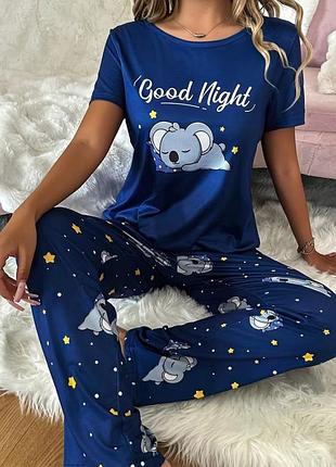 Ніжна трикотажна 🐨 пижама с коалой 💙 синий домашний костюм двойка с брюками 🧸 футболка и штаны