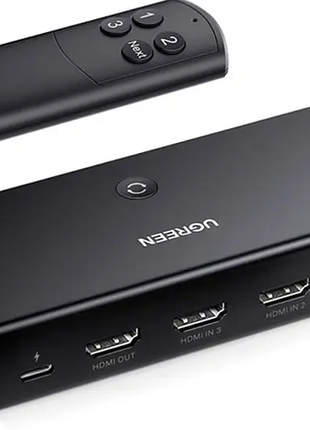 Комутатор 3 в1 ugreen hdmi switch out cm 598  розгалужувачі відеосигналу, спліттер 3 в 1 вихід з пультом, чорний