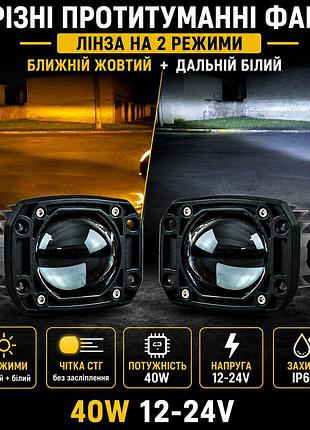Врезные противотуманные фары линза на 2 режима (2шт) 40w ближний желтый + дальний белый 12-24v (8,1x6,3x4см)