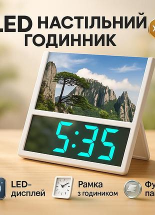 Електронний дротовий настільний цифровий годинник ds-6608 з фоторамкою, зелене підсвічування. колір: білий