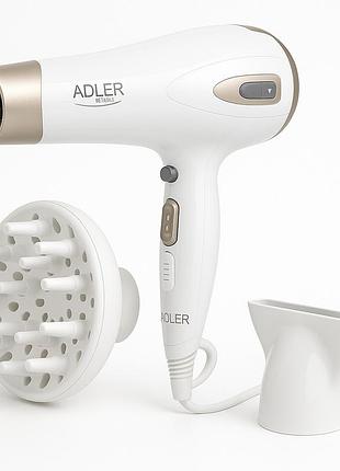 Электрический фен для волос adler ad-2248 white 2400вт для укладки и сушки с насадками с ионизацией