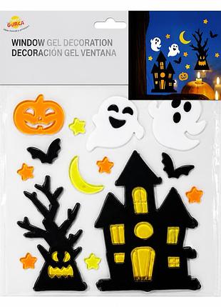 Набір гелевих наклейок на вікно guirca halloween window gel decoration – будинок із привидами, гарбуз та кажани
