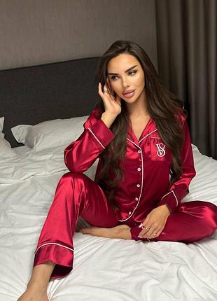 Піжама жіноча шовкова бордова victoria's secret satin з коробкою – сатинова піжама вікторія сикрет