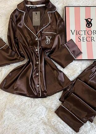 Піжама жіноча коричнева victoria's secret satin з коробкою — сатинова піжама вікторія сікрет m