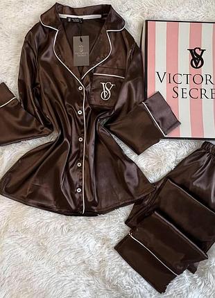 Піжама жіноча коричнева шовкова victoria's secret satin з коробкою – сатинова піжама вікторія сикрет