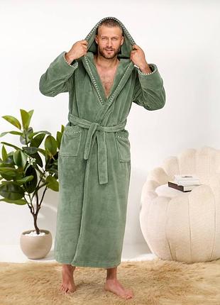 Халат домашний с капюшоном мужской махра оливковый xl;2xl;3xl;4xl