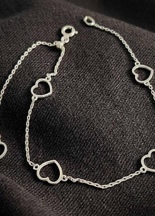 Браслет жіночий срібний з сердечками, регульований розмір 16+7 см
