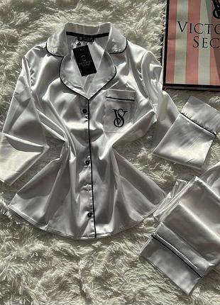 Піжама жіноча шовкова біла victoria's secret satin з коробкою — сатинова піжама вікторія сікрет m