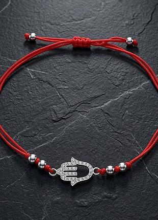 Браслет "хамса" серебряный с фианитами на красной шелковой нити