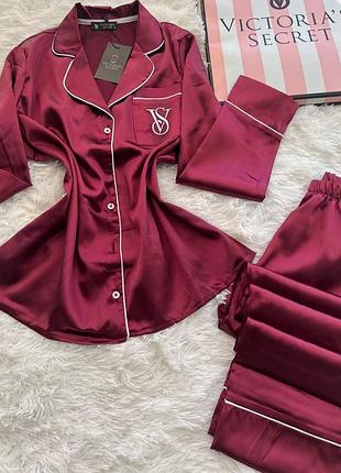 Піжама жіноча шовкова бордова victoria's secret satin з коробкою – сатинова піжама вікторія сикрет