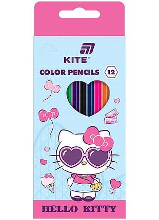 Олівці кольорові kite hello kitty набір 12 кольорів, дерев’яні олівці для малювання hk26-051