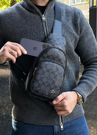 Мужская кожаная сумка слинг coach ethan pack in signature grey canvas