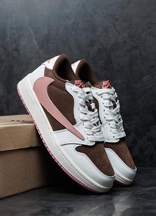 Женские кроссовки nike air jordan 1 low x travis scott white brown pink