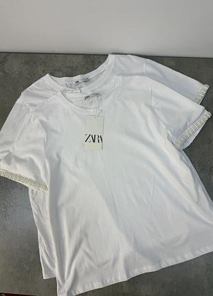 Женская красивая хлопковая футболка с жемчужными рукавами zara футболка с бисером зара