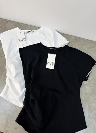 Женская красивая асимметричная футболка со стразами zara футболка топ со сборками и камушками зара
