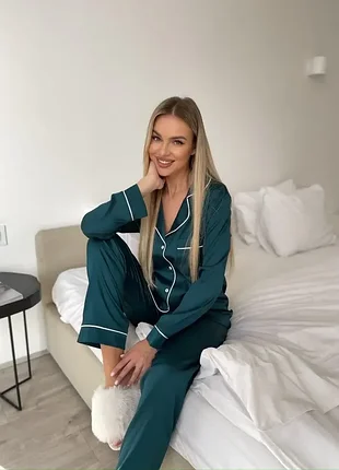 Шовкова піжама смарагд ♥️ сорочка, брюки