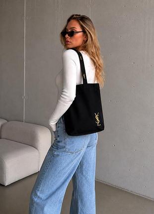 Сумка тоут шопер з чорним золотим логотипом ysl