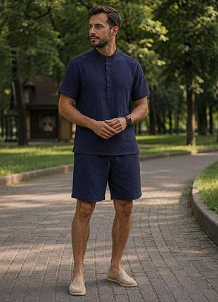 Легкий літній костюм з мусліну футболка поло і шорти чоловічій повсякденний комплект сорочка комір стійка з коротким рукавом s m l xl