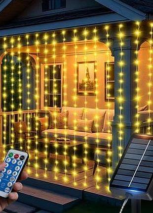 Гірлянда “штора” 3×2 м warm white на сонячній батареї з пультом lu997, 180 led, теплий білий
