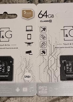 Карта памяти 64 гб t&g с адаптером microsd microsdxc touch'n'go tn tg микросд tg-64gbsdcl10-01