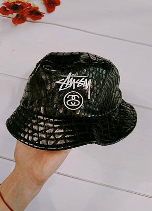 Черная кожаная панама шапка мужская stussy (оригинал)