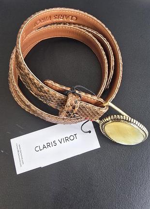 Жіночий ремінь dallas belt коричневого кольору від преміального бренду claris virot. натуральна шкіра пітона (moka python) та пряжка з перламутру