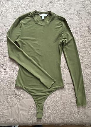 Зеленая кофта боди сетка лонгслив комбидресс цвета хаки h&amp;m