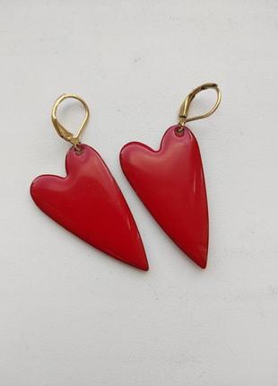 Сережки червоні серця • італія • великі • глянцева емаль • застібка lever back