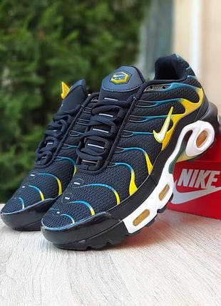 Чоловічі якісні та стильні кросівки nike air max plus tn чорні з жовтим та синім