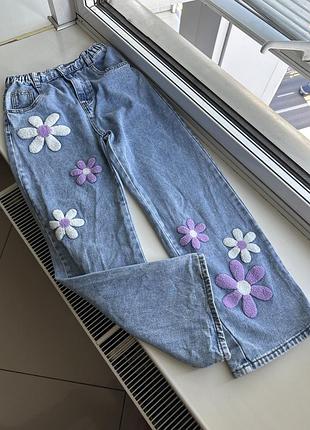Джинси блакитні широкі  wide leg  з обʼємною вишивкою