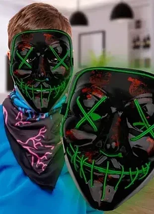 Детская маскарадная неоновая led маска с подсветкой "ссудая ночь" зеленый