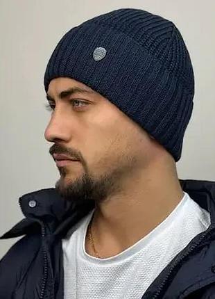 Шапка чоловіча утеплена мікрофлісом з відворотом бавовняна caskona eldin flip темно-синій