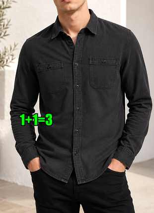 😉1+1=3 брендовая мужская серо-черная рубашка хлопок ralph lauren, размер 44 - 46
