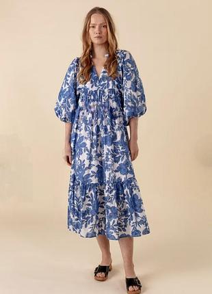 Котонове з воланом по низу та об'ємними рукавами плаття 👗 великого розміру