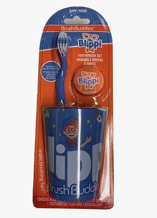 Дитячий набір для зубів brush buddies blippi (щітка, стакан, ковпачок) м'яка
