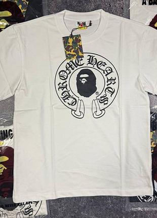 Футболка чоловіча та жіноча a bathing ape x chrome hearts original, біла, оверсайз, 100% бавовна