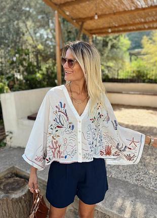 Стильний топ блузка з вишивкою zara s/m/l блуза кімоно, onesize оверсайз вільний крій oversize бохо