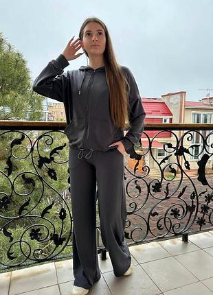 Норма и батал 🔥 прогулочный костюм кофта зип на молнии с капишоном и кулиской по низу и брюки палаццо на резинке с карманами
