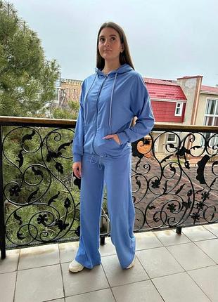 Норма и батал 🔥 прогулочный костюм кофта зип на молнии с капишоном и кулиской по низу и брюки палаццо на резинке с карманами