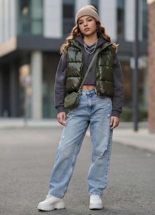 Стильна дута жилетка zara із скритим капюшоном, хакі, xs, код 12